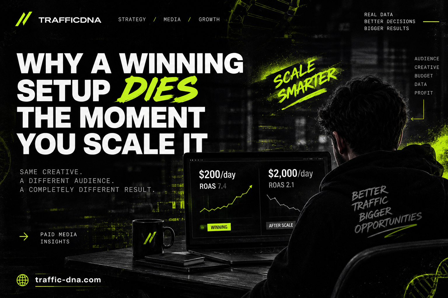 Meta Ads scaling: ad account with daily spend growing from $200 to $2,000
