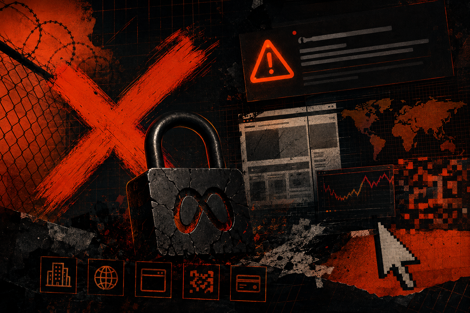 Meta ad account ban: padlock over the Meta logo and a warning sign