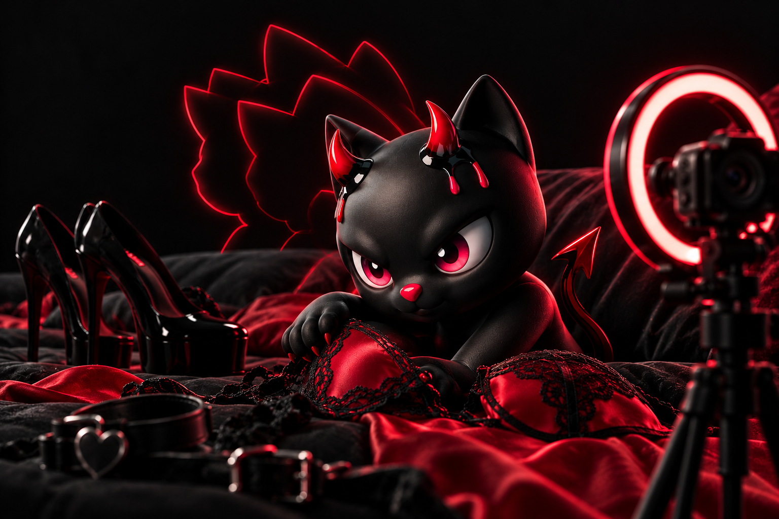 Mascot cat on red satin — webcam studio case