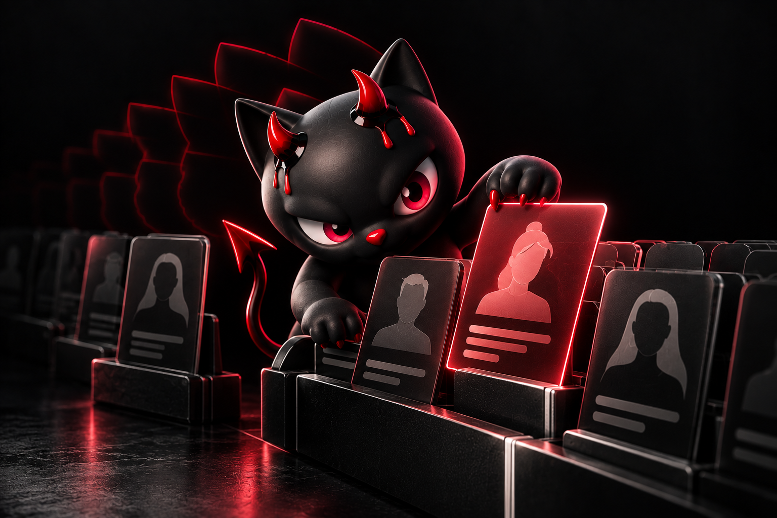 Mascot cat sorting candidate profile cards — recruiting funnel