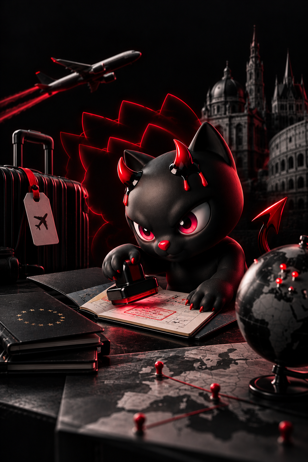 Mascot cat stamping a passport — legalization services case