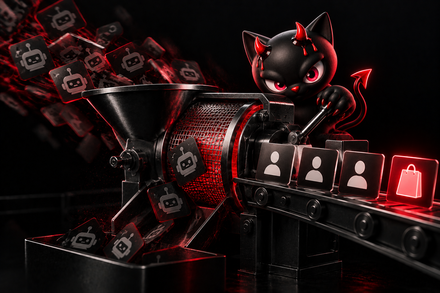 Mascot cat feeding coins into a grinder — turning ad spend into results