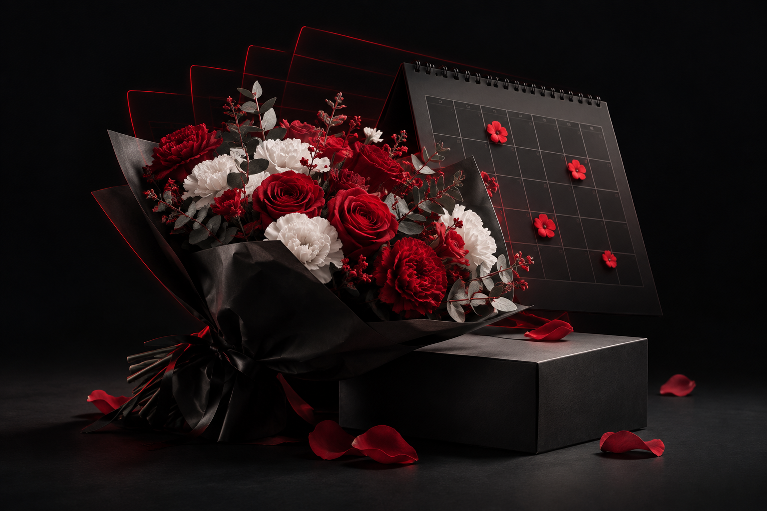Red and white bouquet next to a calendar — seasonal campaign
