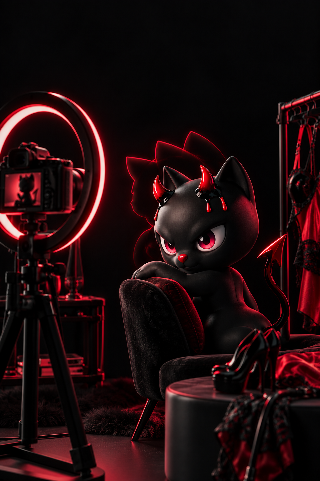 Mascot cat by a ring light and camera — webcam studio recruiting case