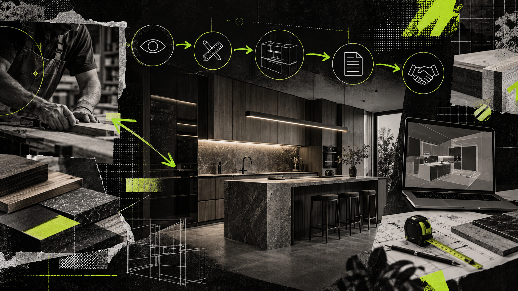 Furniture advertising: kitchen showroom with ad funnel icons
