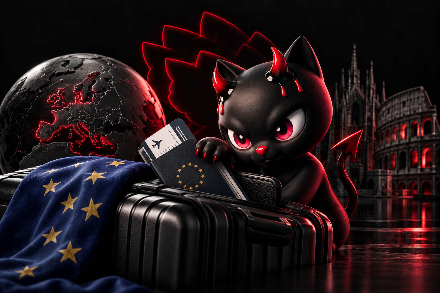 Legalization in Europe case: mascot cat with an EU flag, suitcase and passport