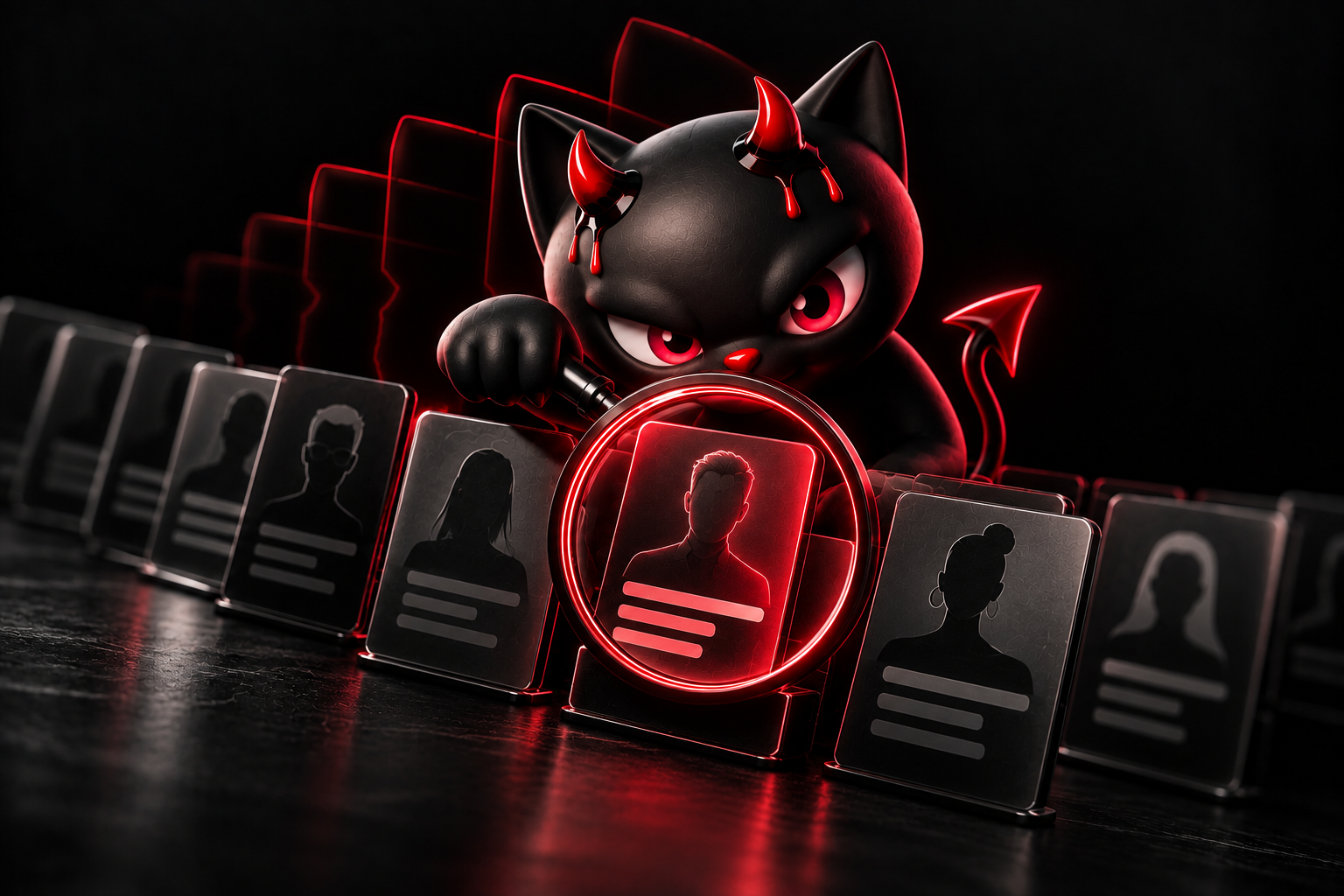 Black devil-cat inspecting advertising specialist profiles with a red magnifying glass — choosing a Meta Ads expert.