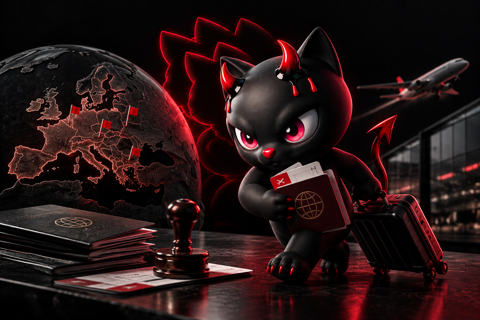 Mascot cat with a globe and a passport — legalization services case