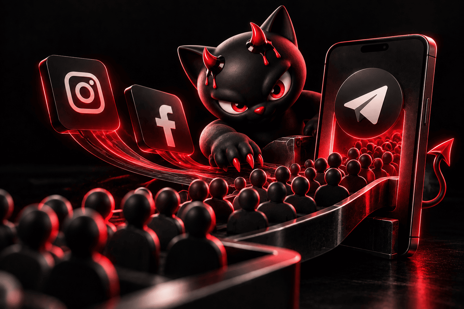 Crypto case: mascot cat channelling Facebook and Instagram traffic into a Telegram channel