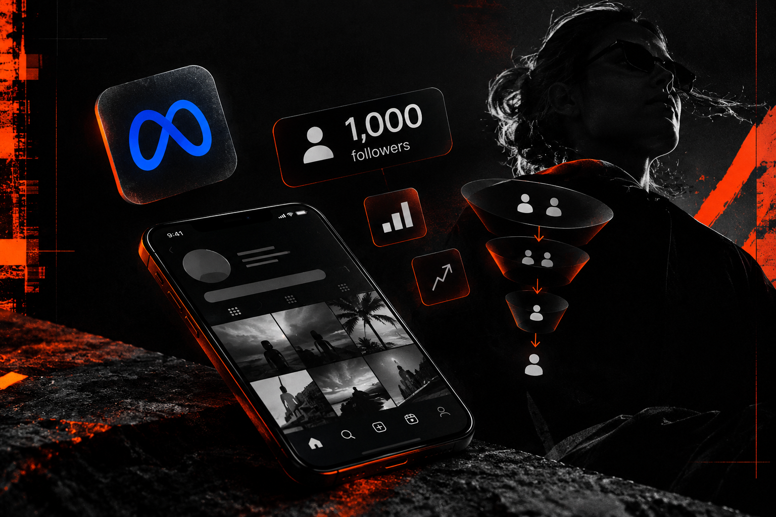 Phone with a Meta follower counter — 1,000 targeted followers for a blogger